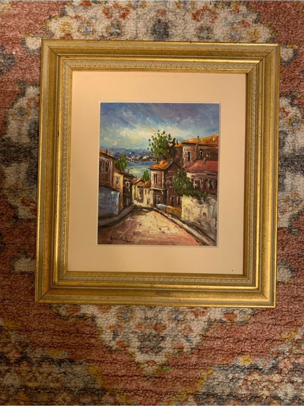 Framed Coastal Village Oil Painting in Gold Frame - Blue & Green Palette